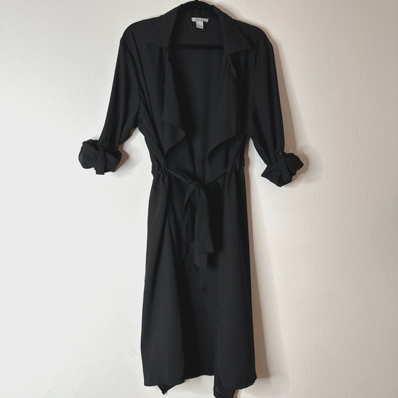 ReVamped Black Flowy Roll Tab Sleeve Tie Waist Waterfall Neck Wrap Dress Small - Picture 1 of 14